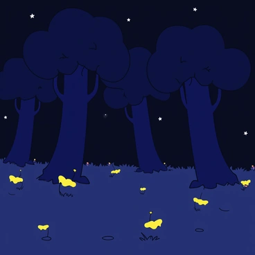 A dark forest at night with tall trees and dense foliage. Fireflies are scattered throughout the scene, emitting soft yellow glows that create points of light in the darkness. The ground is covered with rich green grass and small flowers peeking through. The silhouettes of the trees create an enchanting backdrop, while the gentle light from the fireflies adds a whimsical touch to the atmosphere.
