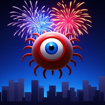 A beholder with large, bulging eyes and a central eye, floating in the night sky. The beholder has a textured, spherical body with multiple eye stalks extending from it. Below, a city skyline is visible, showcasing a variety of tall buildings. A spectacular fireworks display bursts overhead, illuminating the night with vibrant colors of red, blue, and gold. The fireworks create intricate patterns that light up the beholder's face, reflecting a sense of wonder. The scene conveys a festive atmosphere filled with excitement and awe.