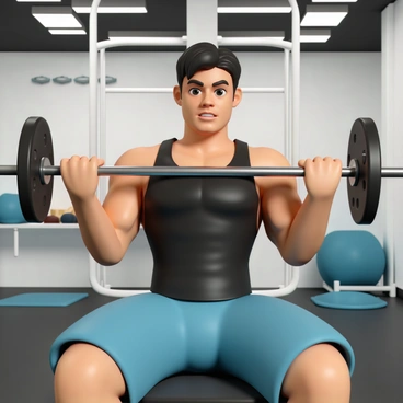 An athlete, a muscular man in a fitted black tank top and blue shorts, is seated at a lat pulldown machine. He has short, dark hair and a determined expression on his face as he pulls the bar down towards his chest. His arms show defined muscles straining with effort. The gym setting features weights, exercise mats, and a large mirror in the background reflecting the athlete's focused demeanor. Bright overhead lights illuminate the space, highlighting the sheen of sweat on the athlete's skin.