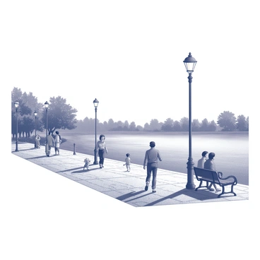 A promenade alongside a river is bustling with activity. People of various ages are strolling leisurely, some engaged in conversation while others are absorbed in their own thoughts. Street lamps line the walkway, casting light on the cobblestone path. The river flows smoothly, reflecting the silhouettes of the trees along the bank. A couple is seated on a nearby bench, enjoying the view, while a child runs playfully nearby. A small dog trots alongside its owner, adding to the vibrant atmosphere.