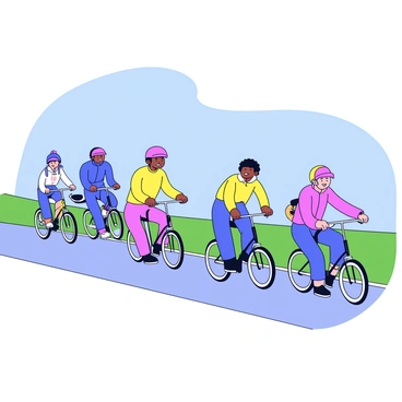 A group of five bikers riding on a straight, open track. Each biker is wearing a brightly colored helmet and a fitted racing suit. The bikes are sleek and modern, with shiny metallic frames and bold designs. The track is surrounded by green grass and a clear blue sky overhead. Two bikers are in the lead, leaning forward against the wind, while the others follow closely behind, smiling and cheering each other on.