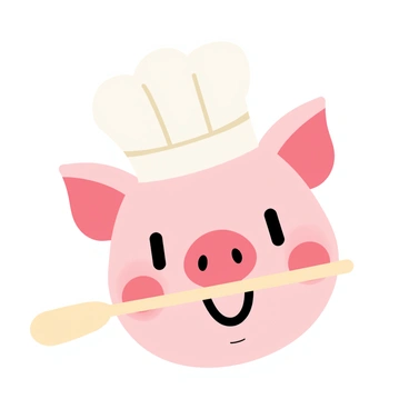 A cute pig face with round pink cheeks and small, expressive eyes is wearing a white chef hat. The chef hat is slightly tilted to one side, adding a playful touch. The pig is holding a long wooden spoon in its mouth, with the spoon extending outward. The background features a simple kitchen setting with a light color to emphasize the pig's cheerful demeanor.
