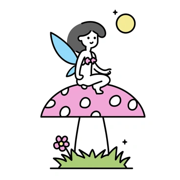 A fairy with delicate, sparkling wings is perched on a large red and white spotted mushroom. The moonlight casts a soft glow, illuminating the fairy's features. She has flowing hair and is wearing a dress made of petals. The surrounding environment includes lush green grass and a few tiny flowers dotting the scene. The moon is visible in the night sky, providing a gentle backdrop to the fairy's peaceful moment.