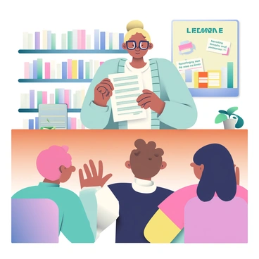 A librarian with light brown hair tied in a bun is standing behind a wooden circulation desk. She is wearing glasses and a light blue cardigan over a white blouse. In her hands, she is holding a stack of reading preference questionnaires printed on white paper. Several patrons, including a young boy with curly hair and a woman with dark hair, are gathered around the desk, each reaching out to take a questionnaire. The library is filled with bookshelves lined with colorful books, and there are posters promoting reading programs on the walls. A potted plant sits on the corner of the desk, adding a touch of greenery to the scene.