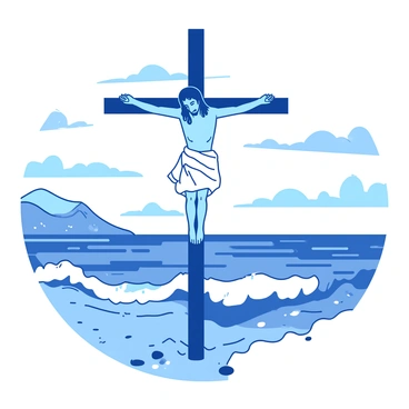 A figure of "Jesus" is prominently displayed on the cross, with arms outstretched and head bowed. The cross is set against a backdrop of a vast ocean that stretches endlessly towards the horizon. The ocean's waves are gently crashing against the shore, creating a sense of movement in the scene. In the sky above, there are soft clouds that reflect the light from the sun setting on the horizon. The overall atmosphere conveys a moment of reflection and solemnity, with the ocean adding depth and a sense of isolation to the composition.