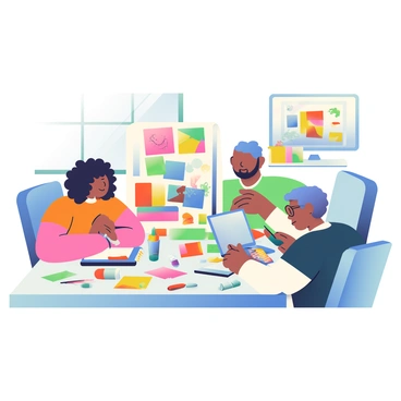 A diverse illustration team is gathered around a large table covered with an array of mixed media supplies. One team member, a woman with curly black hair, is applying colorful paint onto a canvas, using a variety of brushes. Another team member, a man with glasses and a beard, is arranging cut-out images for a collage, surrounded by scissors and glue sticks. A third member, a person with dyed blue hair, is working on a laptop, digitally enhancing the artwork displayed on the screen. The table is filled with paint tubes, vibrant paper, and various textures, showcasing a creative and collaborative environment. Bright, natural light streams through a nearby window, illuminating the scene.