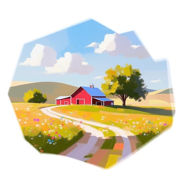 A peaceful Ohio countryside scene showcasing rolling green hills under a clear blue sky. In the foreground, there is a rustic red barn with white trim, surrounded by a few large oak trees. The hills continue to rise and fall gently in the background, dotted with patches of wildflowers in various colors. A dirt path winds through the landscape, leading towards the barn, creating a sense of depth. A few fluffy clouds drift lazily above, enhancing the tranquil atmosphere of the scene.