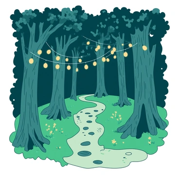 A winding path meanders through a dense forest filled with tall trees. The trees have rough, textured bark and lush green leaves, creating a canopy overhead. Along the path, numerous glowing fairy lights are strung between branches, casting a warm and inviting glow. The lights twinkle in various sizes and shapes, creating a magical atmosphere. The ground is covered with soft green moss and small wildflowers, adding to the enchanting scene. The path is lined with smooth stones, guiding the way deeper into the forest.