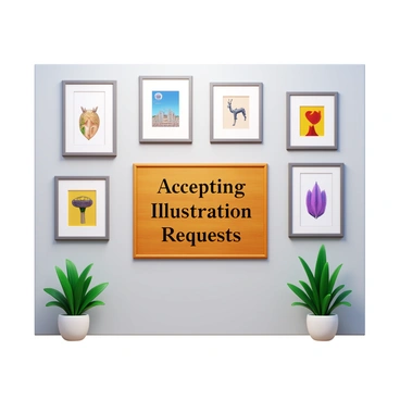 A gallery wall filled with various framed illustrations of different styles. The wall is painted in a neutral color to highlight the artwork. At the center, there is a wooden sign with elegantly crafted letters that says "Accepting Illustration Requests." The sign is surrounded by decorative plants to add a touch of greenery. The overall setup looks inviting and encourages visitors to engage with the art displayed.