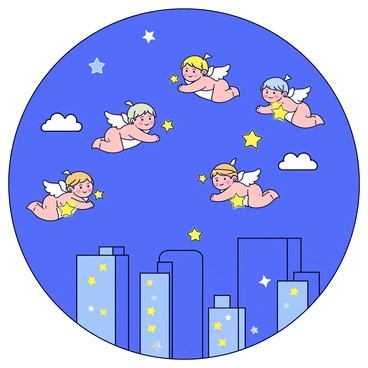 A night scene featuring a city skyline with tall buildings and twinkling lights. In the sky above, several cherubs with small wings are gently floating. Each cherub has a serene expression and is surrounded by a soft glow. They are holding small, shimmering stars that emit a warm light as they float. The city below is quiet and peaceful, with a few clouds softly drifting across the sky.