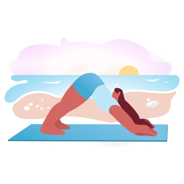 A person is positioned on a yoga mat, engaging in knee planks with their body in a straight line. The individual is wearing athletic clothing that is suitable for a workout. The sun is rising on the horizon, casting warm, soft light across the scene. Gentle waves are lapping at the shore, creating a serene atmosphere. There are a few rocks on the beach and light sand surrounding the individual, adding texture to the environment. The sky displays gradient pastel colors transitioning from soft pink to light orange, illuminating the early morning sky.