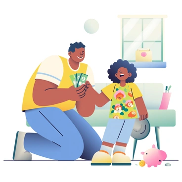 A parent with light brown skin and short black hair is kneeling down to hand a stack of colorful bills to a child. The child has curly hair and is wearing a bright yellow t-shirt decorated with cartoon characters. They are both standing on a wooden floor in a cozy living room. The parent has a warm smile, and the child looks excited while reaching out to receive the money. Nearby, there is a small table with a piggy bank and a few scattered coins, indicating that it is allowance day. Natural light streams in through a nearby window, creating a cheerful atmosphere.