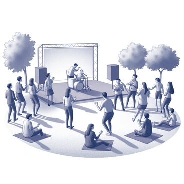 A vibrant outdoor concert taking place in a park in Paris. Numerous people are gathered, dancing enthusiastically to the music. Some individuals are clapping their hands, while others are swaying to the rhythm. A stage is set up, featuring musicians playing various instruments. There are trees surrounding the area, and picnic blankets are spread across the grass where families and friends are seated. The atmosphere is filled with energy, as attendees are smiling and enjoying the lively performance.