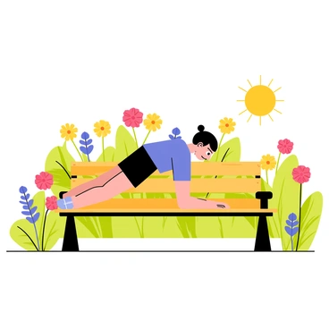 A person performing incline push-ups on a wooden garden bench. The individual is wearing a bright blue workout shirt and black shorts, focusing intently on their exercise. The garden bench is situated in a lush garden filled with colorful flowers, including red roses, yellow daisies, and purple violets, creating a vibrant and lively atmosphere. The sun is shining down, casting soft shadows on the ground, enhancing the idyllic setting.