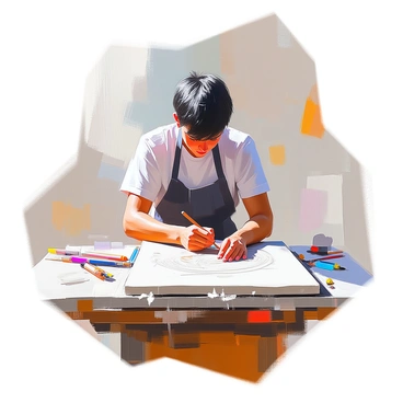 An artist with medium skin and short black hair is deeply focused as they draw on a large lithographic stone. The artist is wearing a dark apron over a white shirt, and several tools are laid out nearby, including pencils and brushes. The stone is positioned on a sturdy wooden table, and the artist's hand is steady as they create delicate lines on the surface. Soft light illuminates the scene, highlighting the fine details of the artist's work and the texture of the stone.