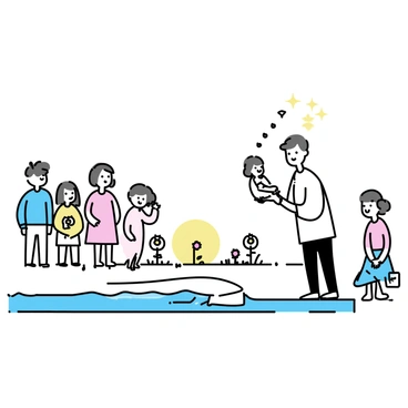 A riverside scene at sunrise, showcasing a calm river with soft ripples and gentle light reflecting off the water's surface. In the foreground, a small gathering of people stands along the riverbank, composed of a diverse group of individuals. Some adults are dressed in light-colored clothing, while a few children are wearing simple dresses and shorts. Positioned in the center, a minister in a white robe is gently cradling an infant, preparing for the baptism. Surrounding them are a few flower arrangements placed on the grass, adding a touch of color to the scene. Light wisps of fog hover above the water, enhancing the peaceful atmosphere.