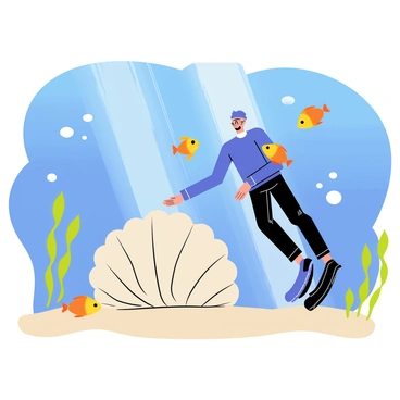 A diver in a blue wetsuit is exploring the ocean floor, where a large conch shell rests among the sand. The diver is reaching out towards the conch shell, showing curiosity. Brightly colored fish, including yellow and orange fish, swim around the diver. The water is a vibrant blue, with sunlight filtering down from the surface, illuminating the scene. Seaweed sways gently in the current nearby, adding to the underwater environment.