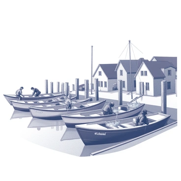 A picturesque fishing village with a cluster of wooden boats docked along the shore. The boats are varying in size and detail, showing signs of wear from the sea. Fishermen are seen preparing their nets, with some sitting on the edge of the dock and others standing, their hands expertly untangling the ropes. In the background, quaint houses with pitched roofs are nestled close together, and weathered wooden posts line the water's edge, creating a sense of activity and life in the village.