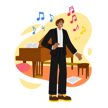A composer with curly hair is standing in a cozy, warmly-lit room. They are wearing a classic black suit and have a focused expression on their face. Musical notes in various shapes and sizes are swirling around them in the air, creating a dynamic and lively atmosphere. The notes are depicted in bright colors, including blue, red, and yellow, contrasting against the soft background. There is a grand piano behind the composer, and sheets of music are scattered on the floor around them.