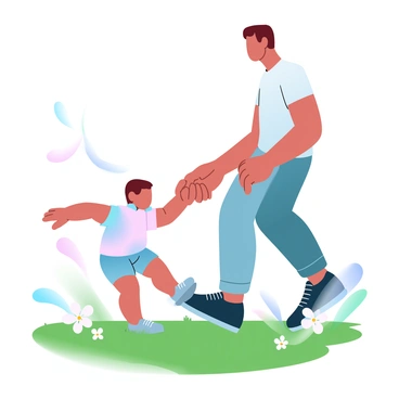A toddler is gripping a parent's hand tightly while taking their first wobbly steps on a grassy lawn. The toddler is wearing a colorful shirt and shorts, with tiny shoes. The parent is leaning slightly forward, offering support, dressed in casual attire. The lawn is lush and green, dotted with small daisies and clovers. A soft breeze is rustling the grass around them, creating a gentle movement in the scene.