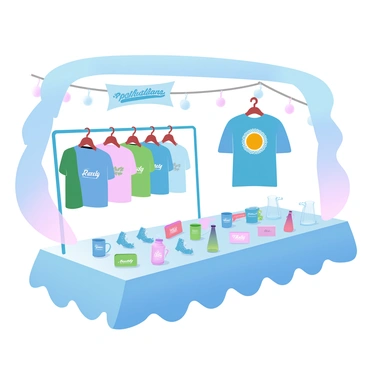 A market booth filled with various branded merchandise on display. There are colorful t-shirts hanging on a rack, each featuring a unique logo and design. Nearby, a table is covered with an assortment of branded mugs, keychains, and tote bags, all showcasing vibrant colors and patterns. In the background, a banner with the brand logo is draped across the booth, adding to the lively atmosphere. The products are arranged neatly, inviting customers to explore the selections.