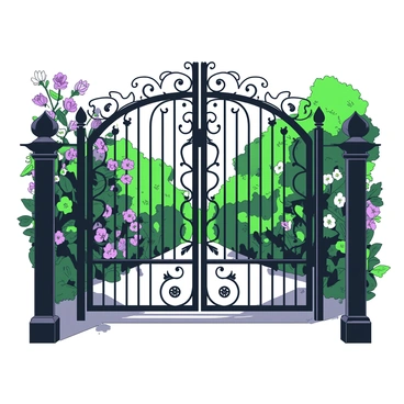 A black wrought-iron gate stands tall, featuring intricate swirls and ornate designs that form a beautiful pattern. The gate is divided into two panels, each adorned with delicate floral motifs. The sunlight casts shadows through the open spaces of the gate, highlighting its detailed craftsmanship. Surrounding the gate are blooming flowers in various stages of growth, adding a sense of life to the scene. The background is filled with lush green foliage that contrasts with the dark gate, creating a striking visual effect.