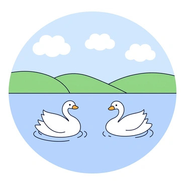 Two swans gliding on a calm lake. The swans are white with gracefully arched necks, their feathers reflecting softly on the water's surface. The lake is surrounded by gentle green hills, and the sky above is a light blue with fluffy white clouds. The water is still, creating a mirror effect that enhances the visual of the swans.