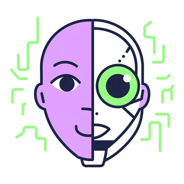 A face dominates the center of the image, showcasing a combination of human expression and robotic features. The left side of the face exhibits a smooth, human-like skin texture, while the right side transitions into metallic elements with intricate circuitry. The eyes are expressive, with one eye appearing human and the other resembling a camera lens, reflecting light. The mouth shows subtle emotion, balancing between a natural smile and mechanical lines. Surrounding the face, there are soft, glowing circuit patterns that enhance the technological aspect, adding depth to the overall appearance.