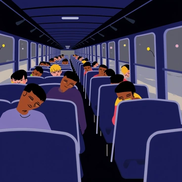 A crowded bus with a few passengers scattered throughout the seats. The interior has dim lighting, creating a cozy atmosphere. Some passengers are dozing off, their heads leaning against the windows or against one another. The bus has a classic design with metal poles and fabric-covered seats. Outside the bus, the night sky is dark, with only a few streetlights illuminating the empty streets. A gentle hush envelops the scene, emphasizing the peacefulness of the late-night journey.