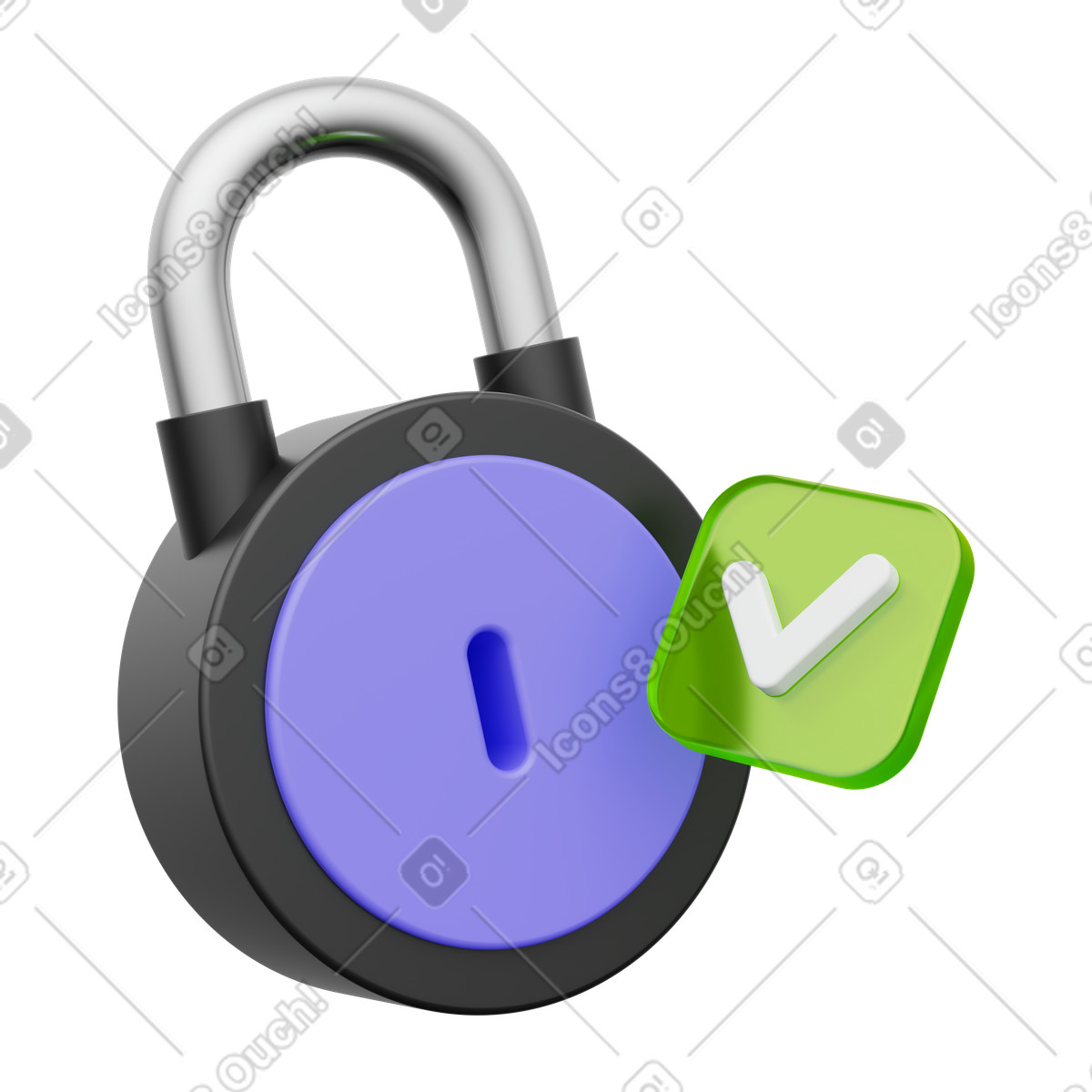 Verification padlock with checkmark, access control and authentication, user account protection illustration in 3D Playful style download in PNG, SVG