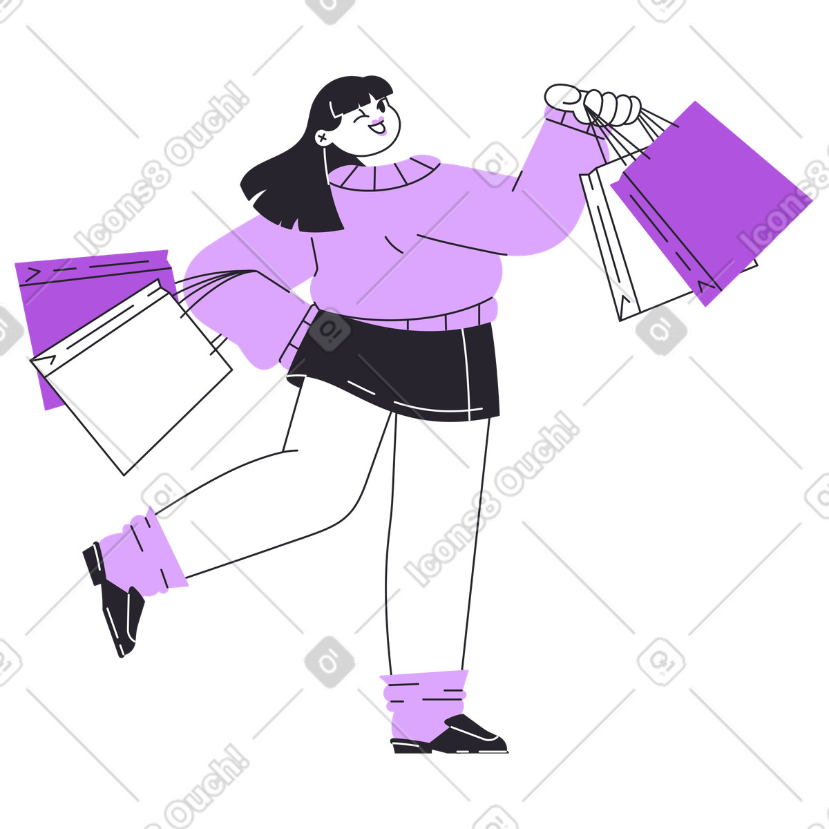 Shopper carrying shopping bags and smiling, spree or retail therapy illustration in Grapy style download in PNG, SVG