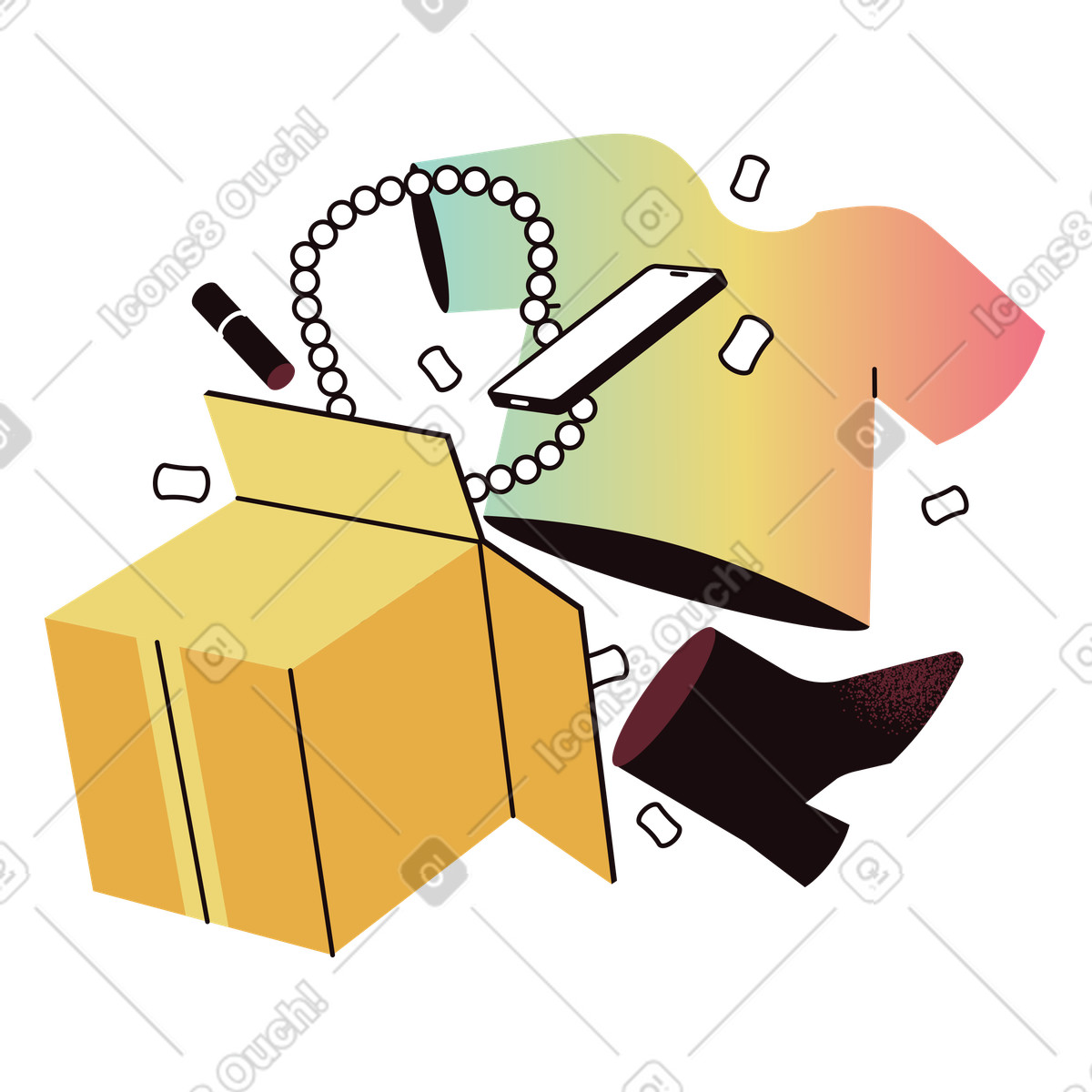 Ilustração de Open box with clothes and accessories, E-commerce shipment em no estilo Delight para baixar em PNG, SVG