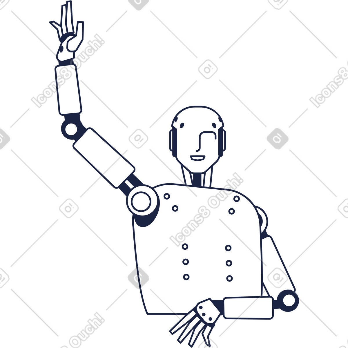 Illustration Android robot raises his hand up and greets dans le style Urban Line à télécharger aux formats PNG, SVG