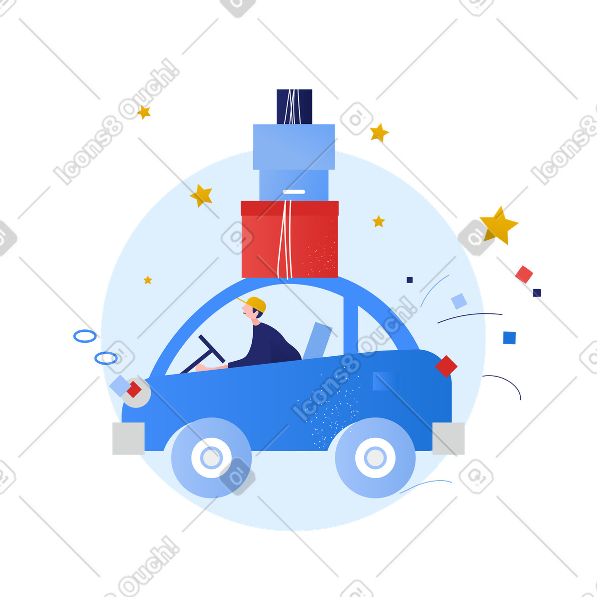Clip スタイルの 車に乗ってプレゼントの箱を配達する男性 のイラストをPNG、SVG形式でダウンロード