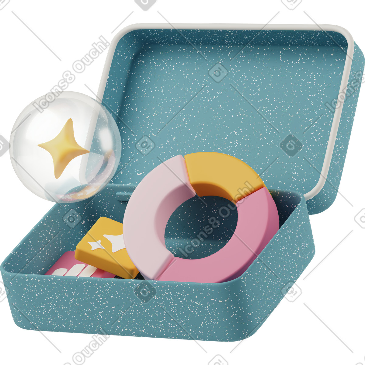 Data analytics donut chart in open storage box animierte Illustration im 3D Casual life-Stil als Download GIF, Lottie (JSON), AE