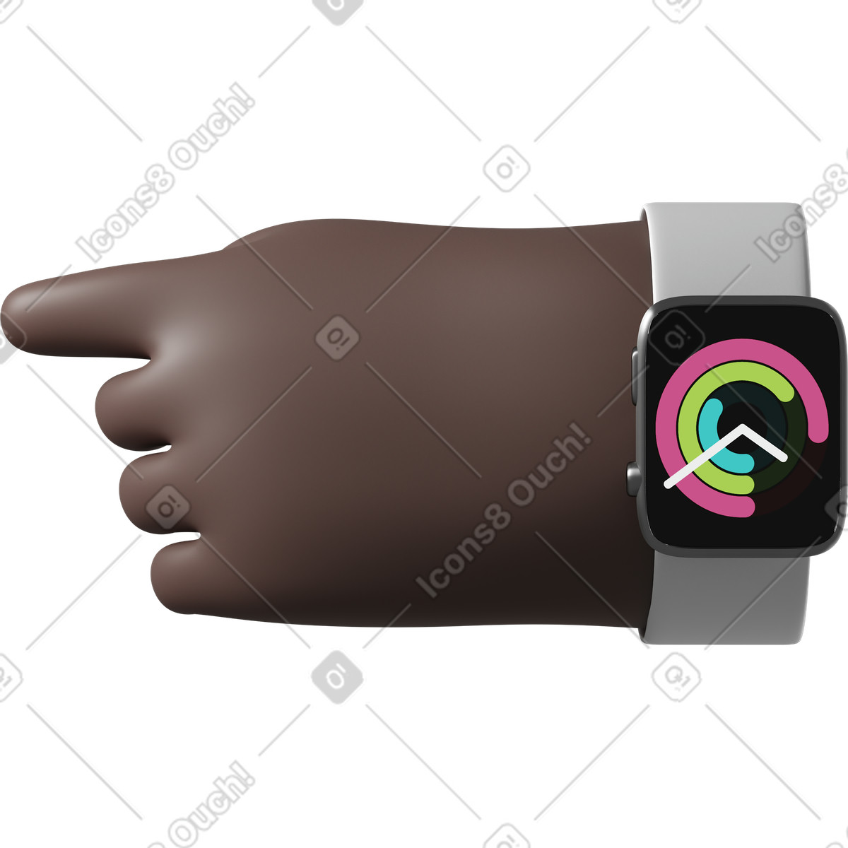 Black skin hand with smartwatch turned on pointing left illustration in 3D Hands Fun&Wild style download in PNG, SVG