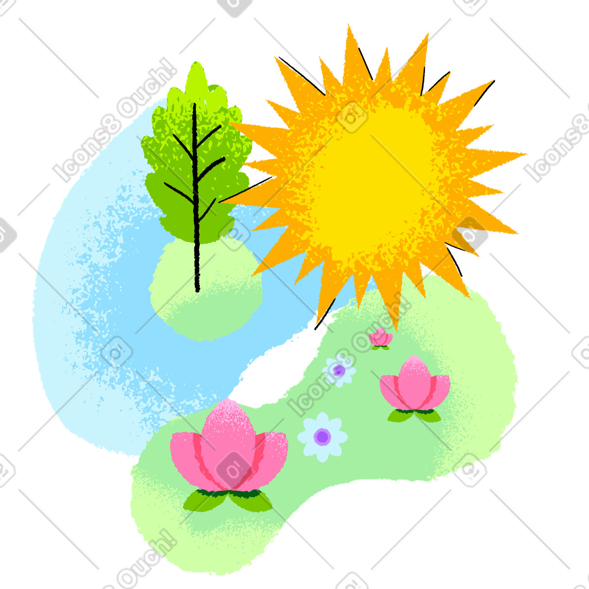 Sunny summer landscape with lake illustration in PNG, SVG