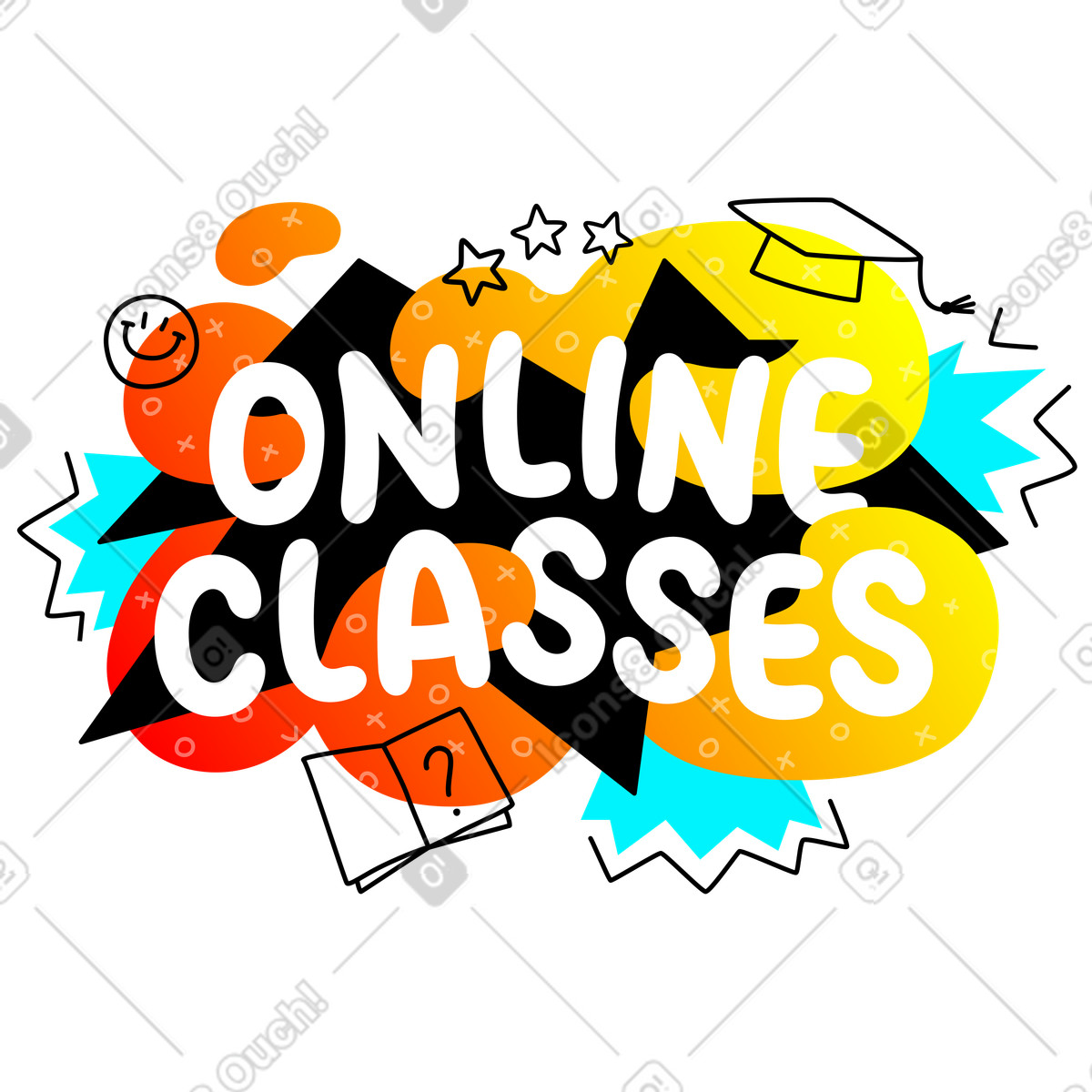Online classes lettering colorful with doodles illustration in Rocky style download in PNG, SVG