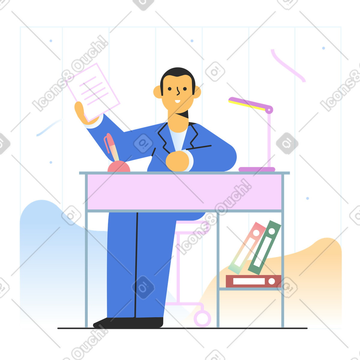 Uomo seduto alla scrivania con un documento in mano illustrazione stile Marginalia scarica PNG, SVG