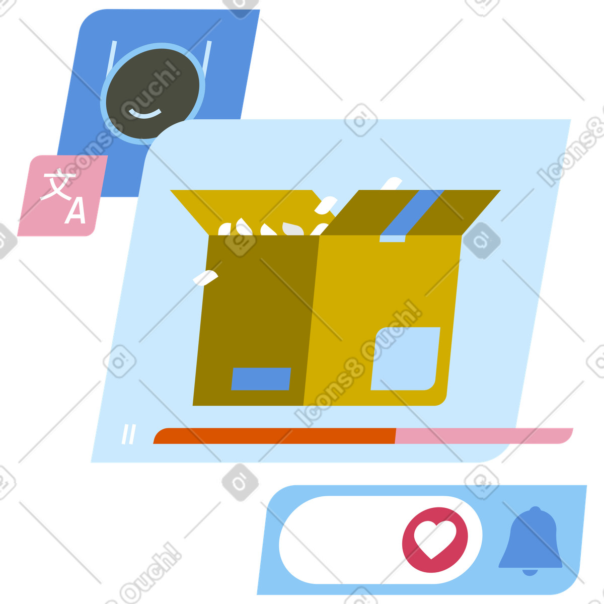 AI translated unboxing video experience, Product reveal with realtime translation, supported localization workflow illustration in Vector style download in PNG, SVG