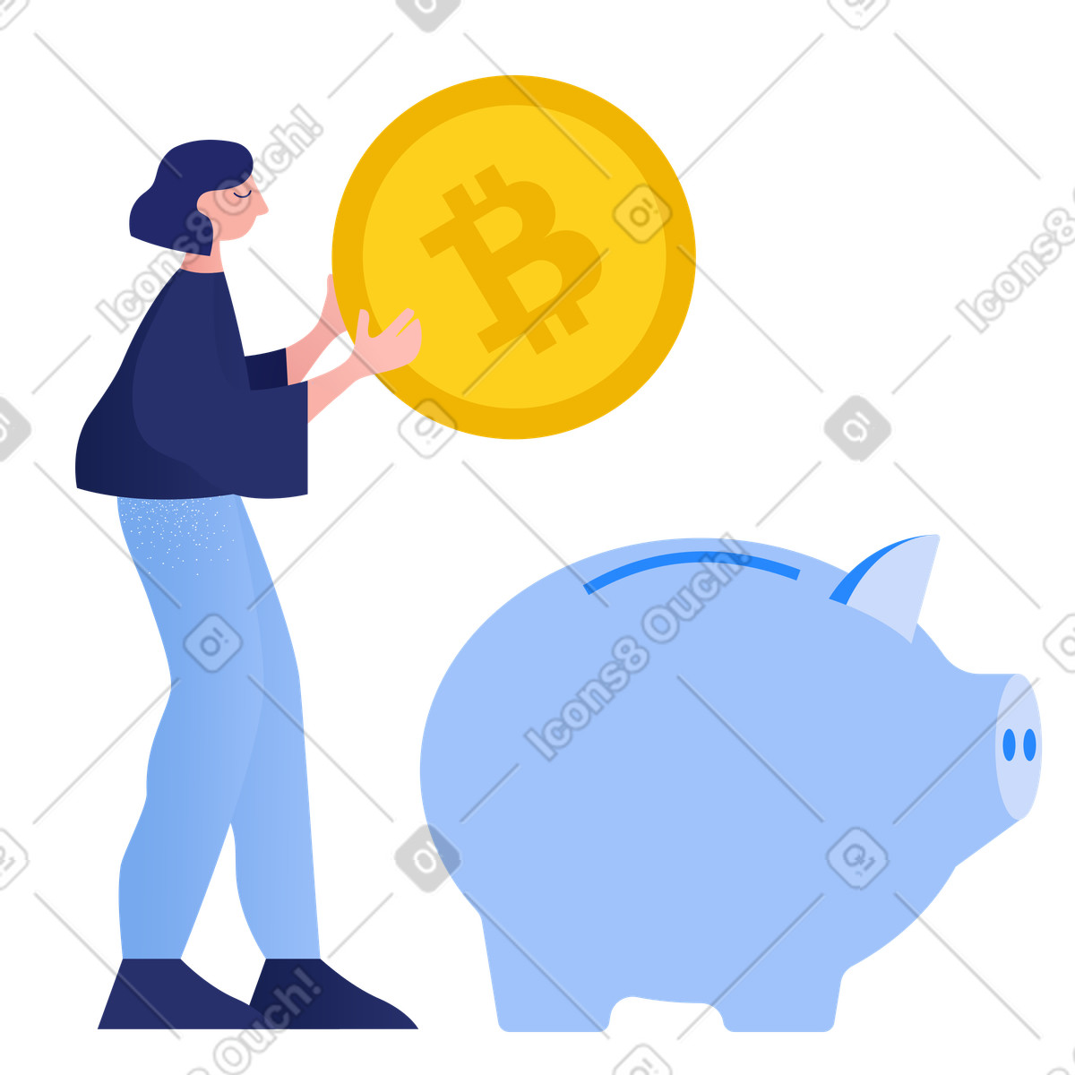 Ilustração de Mulher salvando bitcoin no cofrinho em estilo Clip para baixar em PNG, SVG