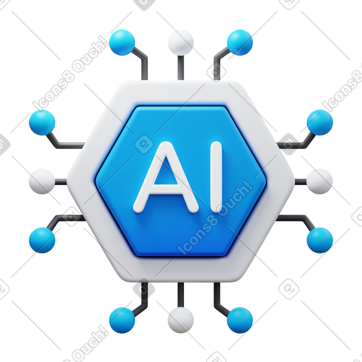 Ilustración Ai chip icon with hexagon core and connected circuit nodes en estilo 3D Fluency a descargar en PNG y SVG