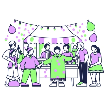 A lively scene depicting a community celebrating at a "birne" festival. In the foreground, several people are seen enjoying themselves, with one individual wearing a bright costume adorned with purple motifs. They are surrounded by vibrant decorations such as hanging banners and strings of lights that create an atmosphere of festivity. In the background, a large tent is set up, filled with tables displaying various pear-themed treats, and groups of people are engaged in conversation and laughter. Colorful pear-shaped balloons float gently in the air, adding to the celebratory mood.