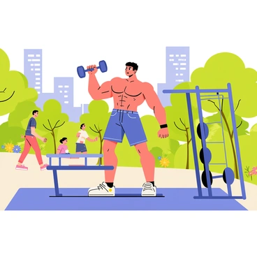 A muscular bodybuilder with short dark hair is engaged in a workout at an outdoor gym in a city park. He is lifting a heavy dumbbell with one arm while standing on a rubber surface. Surrounding him are various gym equipment, including pull-up bars and a bench press station. The park is filled with green trees and colorful flowering plants, while a few people are walking and jogging in the background. The sky is clear blue, and the sun casts shadows on the ground, highlighting the bodybuilder's intense focus and strength.