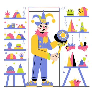 A jester with a colorful outfit is standing in a whimsical hat shop. The shop is filled with shelves overflowing with a variety of unique and fantastical hats. The jester is holding a tall, pointy hat decorated with bright stars and moons, while wearing a floppy hat adorned with large, floppy ears. There are hats shaped like animals, flowers, and other oddities hanging from hooks and displayed on tables. The jester's face is animated with delight as they try on a circular hat with oversized goggles, surrounded by a backdrop of vibrant colors and playful decor.