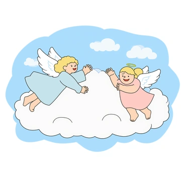 Two young angels with light skin and curly golden hair are playfully chasing each other around a large, fluffy white cloud. One angel wears a flowing, pale blue dress and has small white wings that flutter as she giggles. The other angel is dressed in a soft pink tunic, also with delicate wings that sparkle in the sunlight. They both have bright, joyful expressions on their faces. The cloud they are chasing around is billowy and fluffy, with gentle curves that suggest movement. The background features a bright blue sky dotted with a few distant, wispy clouds.