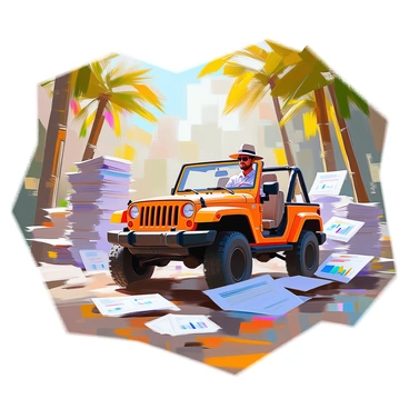 A safari jeep with a rugged design, featuring vibrant colors and large off-road tires, is navigating through a dense jungle comprised of towering stacks of financial reports and papers. The stacks of papers are scattered around, some are crumpled, while others stand tall, almost like trees, creating a chaotic yet intriguing landscape. Sunlight filters through the leafy canopy formed by the papers, casting dappled shadows across the jeep. The driver is focused, wearing a safari hat and sunglasses, as the jeep maneuvers through this unusual terrain. In the background, there are hints of colorful graphs and charts peeking out from the paper stacks, adding depth to the visual scene.