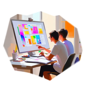 An artist with short hair and wearing glasses is seated at a desk, intently working on a laptop. On the screen, there are vibrant digital mockups showcasing various design ideas filled with colors and patterns. The artist has a sketchbook open beside them, filled with rough sketches and notes. The workspace is cluttered with art supplies, including colored pens, sticky notes, and a coffee cup. The artist is engaging with a client, who is leaning over the desk, pointing at the screen with a thoughtful expression. Natural light streams in through a nearby window, illuminating the scene.