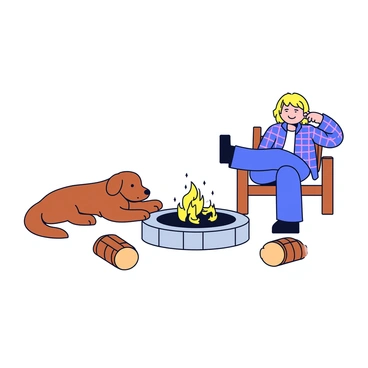 A brown dog lying down comfortably next to a stone fire pit. The fire pit has glowing embers and small flames flickering. Nearby, a person is sitting in a wooden chair, leaning back with a relaxed posture. The person is wearing a plaid shirt and has their feet resting on the ground. The setting is cozy, with a few logs placed around the fire pit for seating.
