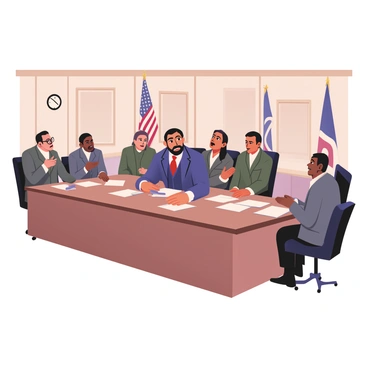 A digital flat illustration depicting "Sam Houston" sitting at a large wooden table in a congress meeting room. He has medium skin, a prominent beard, and is wearing a dark blue suit with a white shirt and a red tie. Surrounding him are several other representatives, each with different skin tones and attire, engaged in a lively debate. One representative on the left has glasses and is gesturing animatedly, while another on the right, wearing a grey suit, is leaning forward, listening intently. The room is decorated with a large American flag in the background and wooden paneling on the walls, adding a formal ambiance to the meeting. Papers and documents are scattered across the table, and a small clock hangs on the wall, indicating the time is mid-afternoon.
